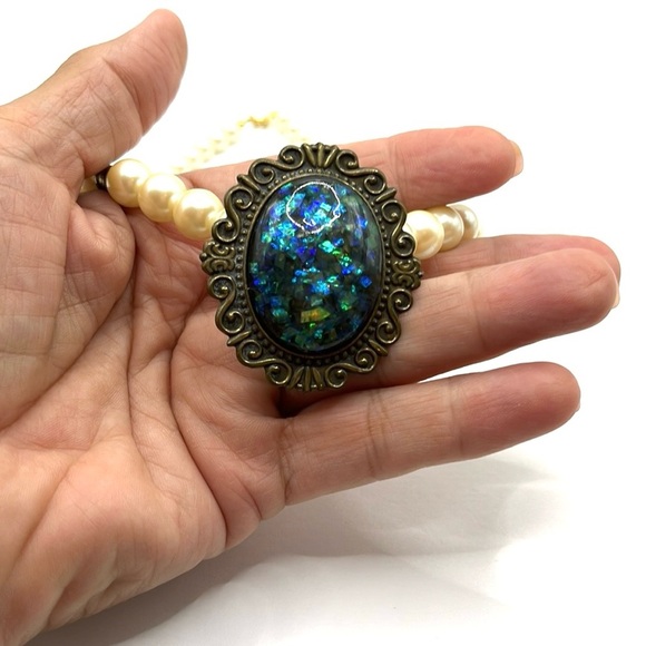 Pearl Necklace with Large Blue-Green
Pendant with Specks Statement Victorian - Picture 7 of 13